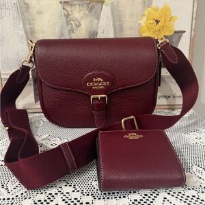 Authentic Coach Burgundy Pebbled Leather Saddle Crossbody with Matching Wallet